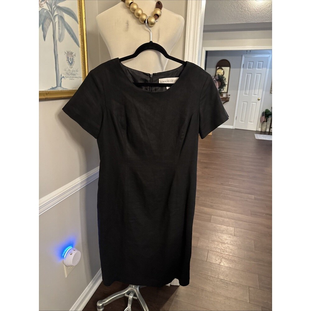 Vintage Adolfo Studio Women 14 Black Linen Blend Y2K Whimsigoth Mini Dress NOTE